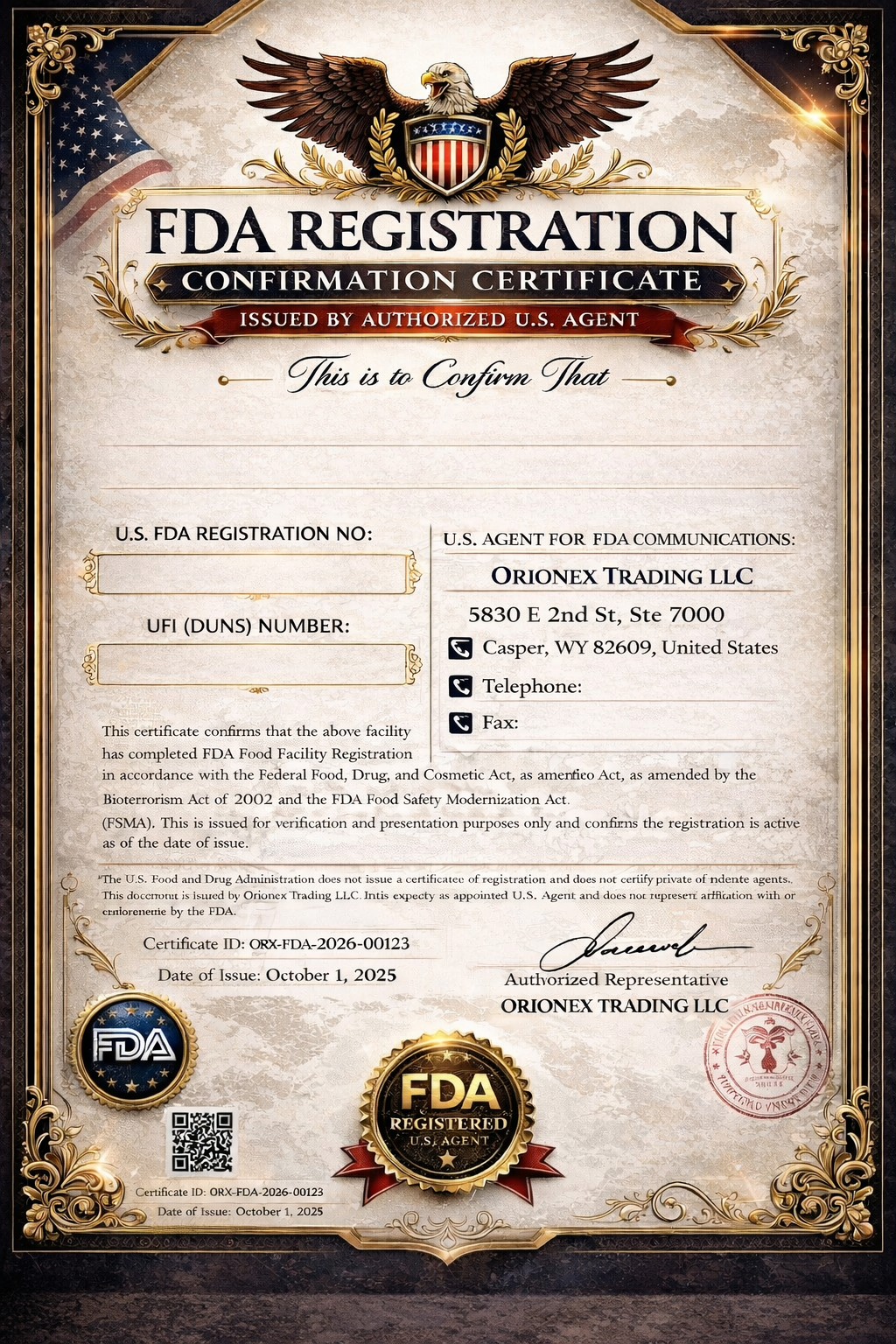 FDA Medical Device Establishment Registration Certificate issued by Orionex Trading LLC as U.S. Agent